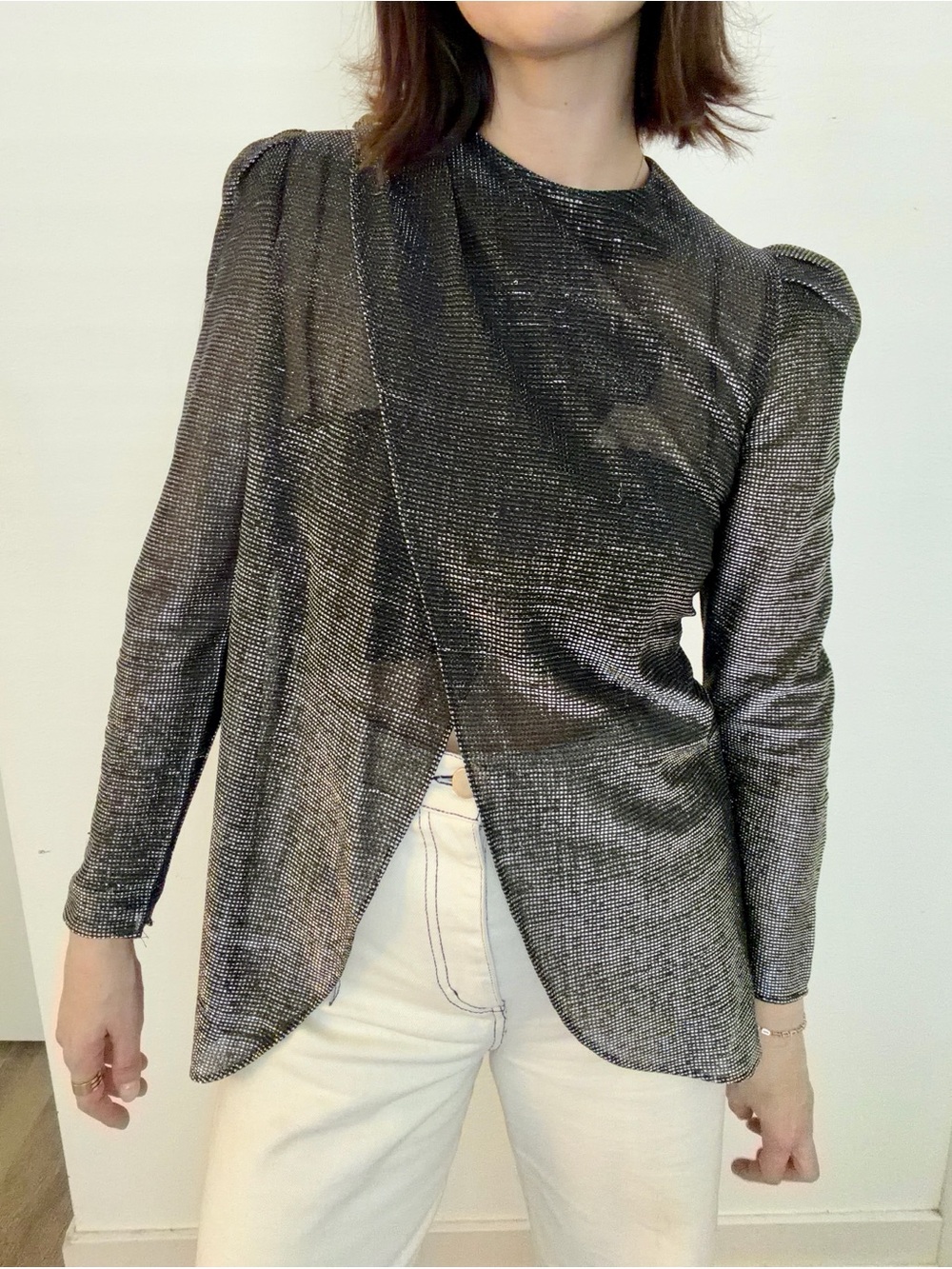 Vintage Metallic Black Draped Long Sleeve Blazer